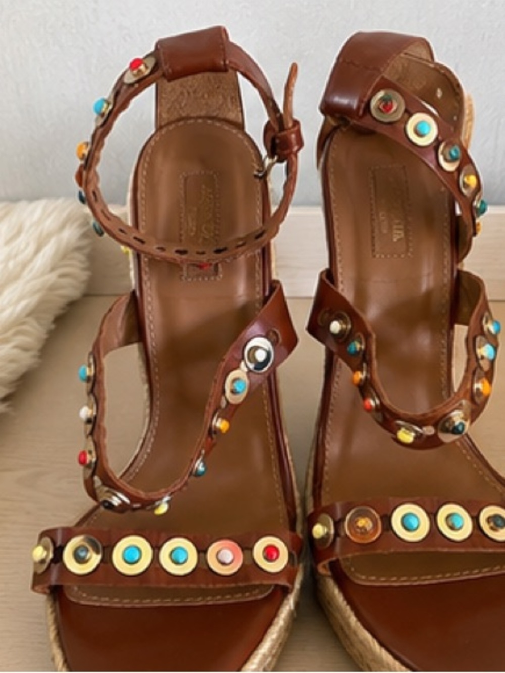 Aquazzura Brown Studded Leather Espadrille Wedge Sandals Size 40 NWT - Picture 2 of 9
